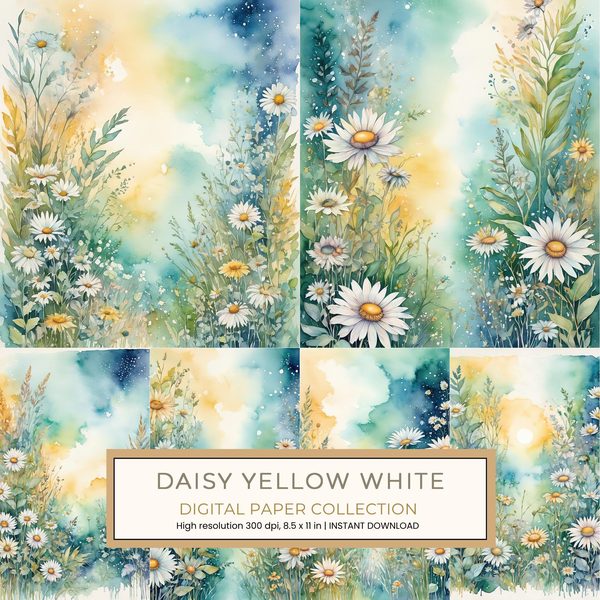 Daisy Yellow White Digital Paper: 14 Printable Pages - Watercolor Scrapbook Paper - Commercial Use
