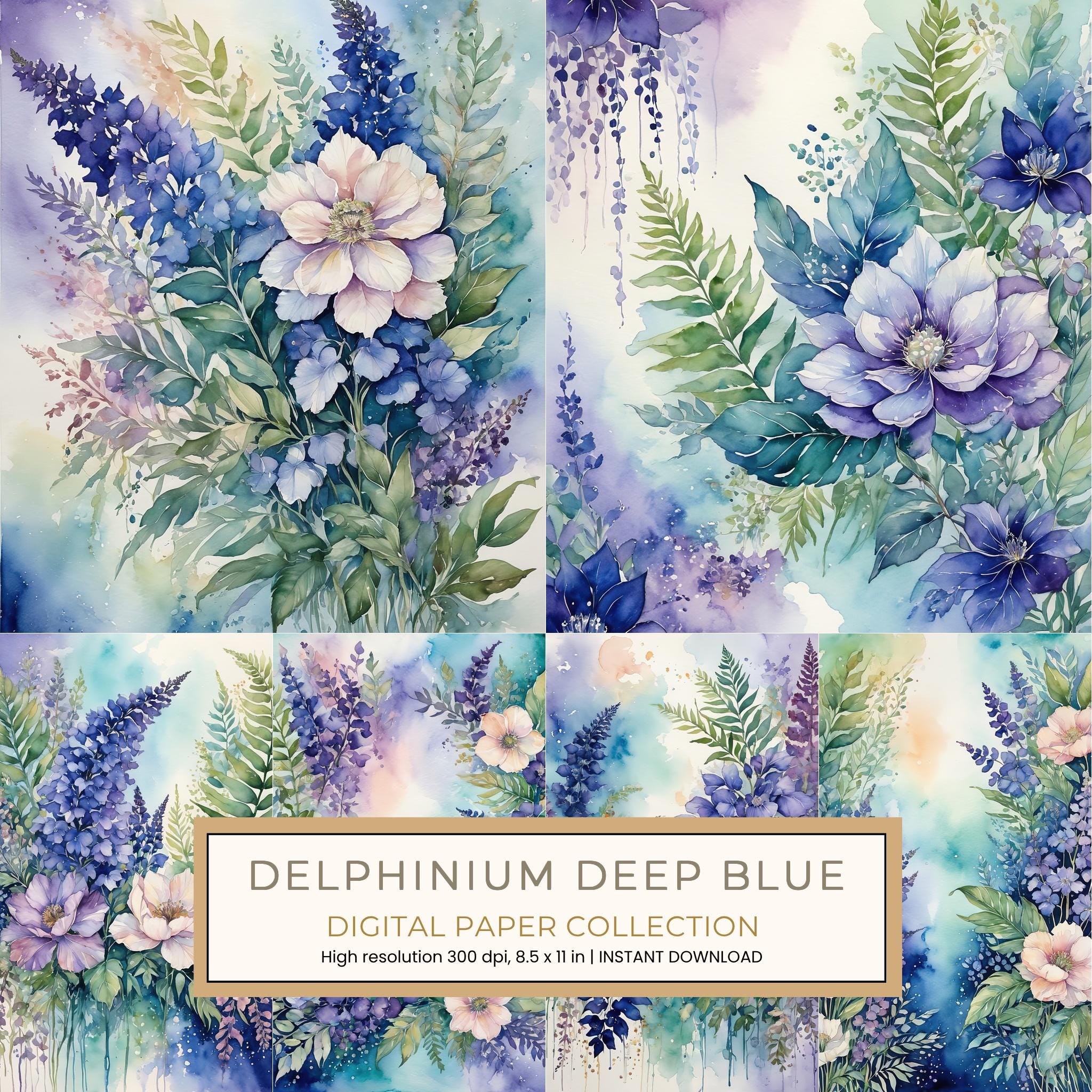 Delphinium Deep Blue Digital Paper: 11 Printable Pages - Watercolor Scrapbook Paper - Commercial Use