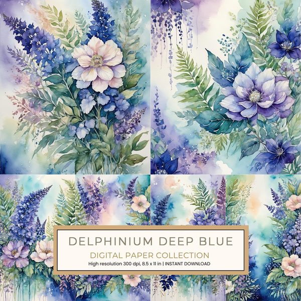 Delphinium Deep Blue Digital Paper: 11 Printable Pages - Watercolor Scrapbook Paper - Commercial Use
