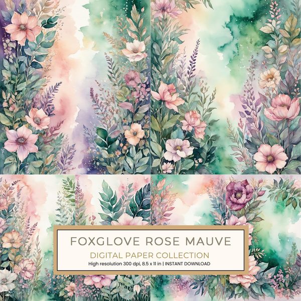 Foxglove Rose Mauve Digital Paper: 14 Printable Pages - Watercolor Scrapbook Paper - Commercial Use