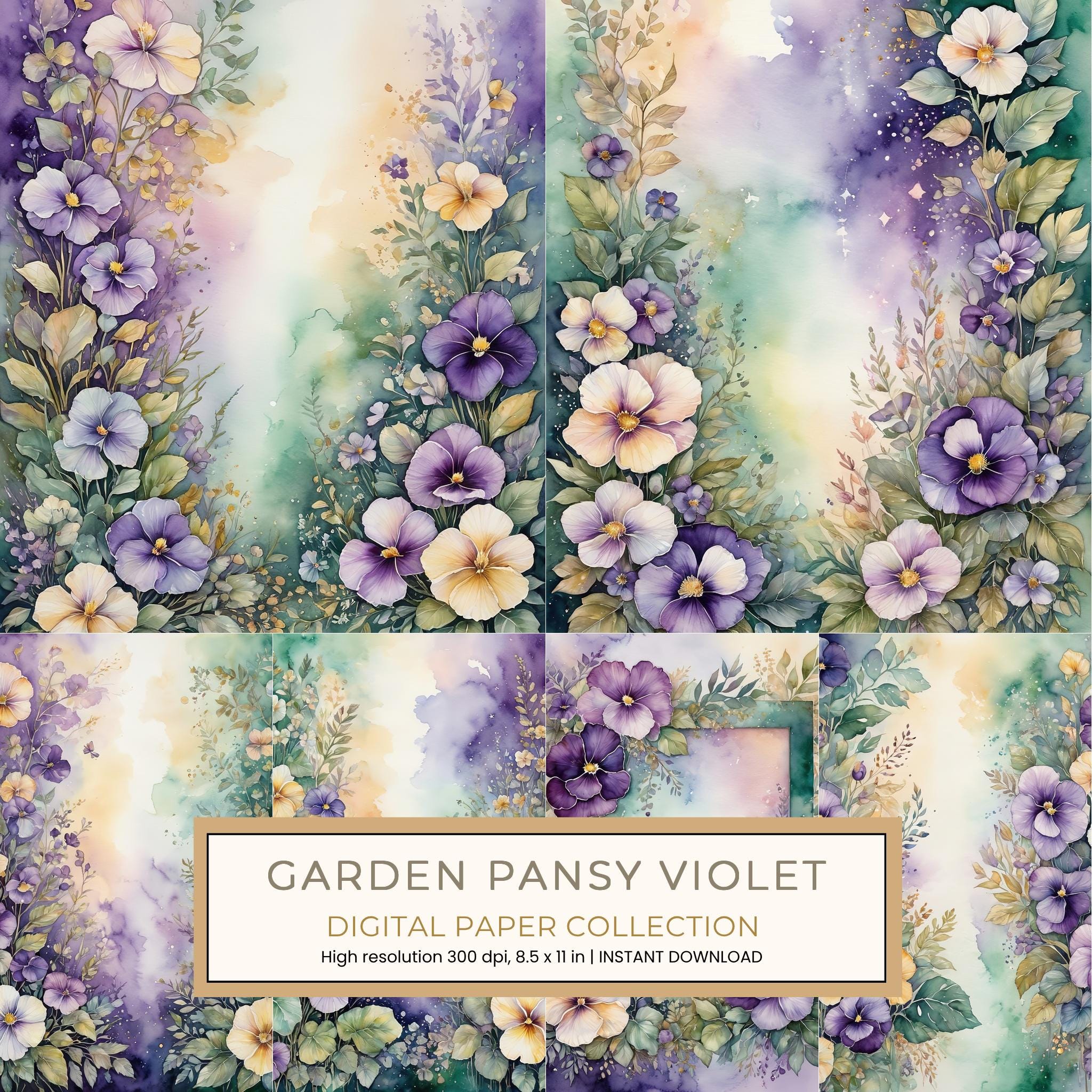 Garden Pansy Violet Digital Paper: 14 Printable Pages - Watercolor Scrapbook Paper - Commercial Use