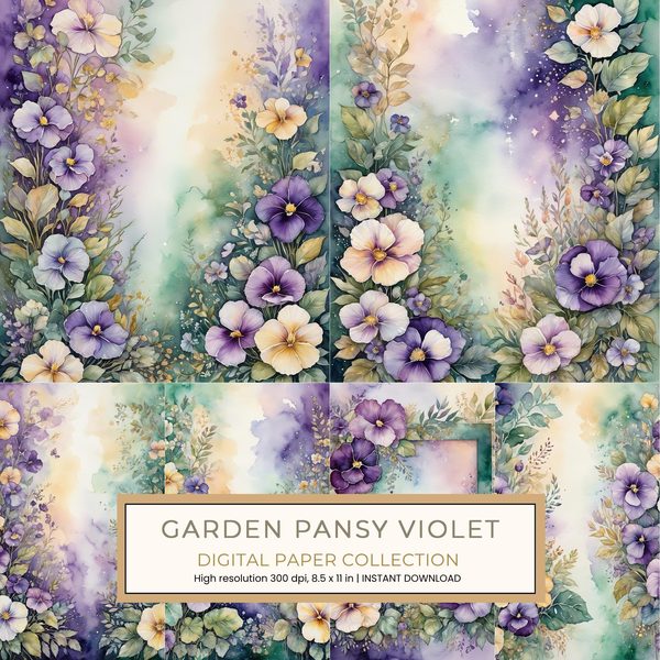 Garden Pansy Violet Digital Paper: 14 Printable Pages - Watercolor Scrapbook Paper - Commercial Use