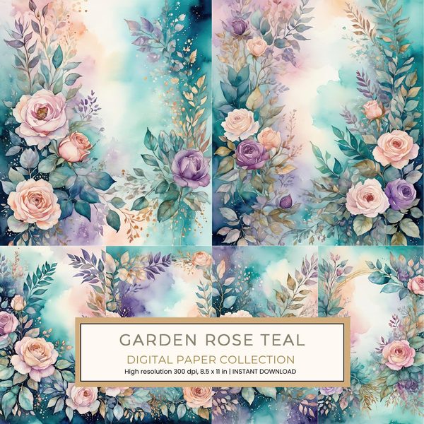 Garden Rose Teal Digital Paper: 14 Printable Pages - Watercolor Scrapbook Paper - Commercial Use