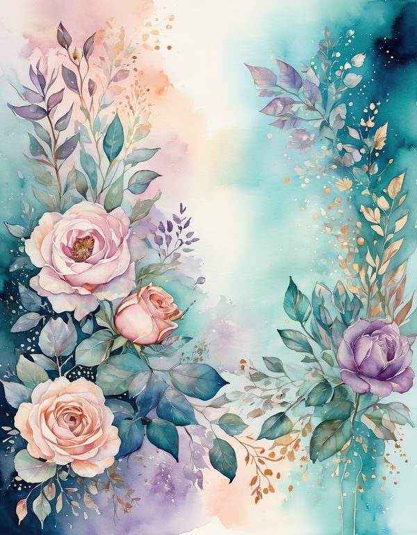 Garden Rose Teal Digital Paper: 14 Printable Pages - Watercolor Scrapbook Paper - Commercial Use — image 1