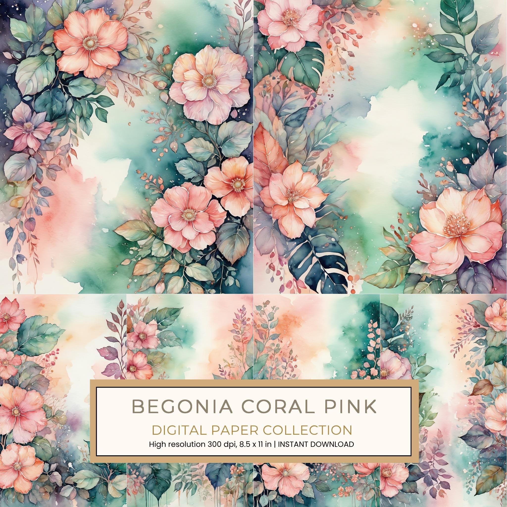 Begonia Coral Pink Digital Paper: 14 Printable Pages - Watercolor Scrapbook Paper - Commercial Use