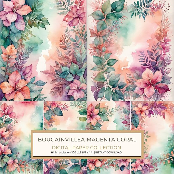 Bougainvillea Magenta Coral Digital Paper: 14 Printable Pages - Watercolor Scrapbook Paper - Commercial Use