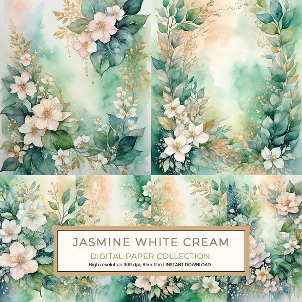 Jasmine White Cream Digital Paper: 10 Printable Pages - Watercolor Scrapbook Paper - Commercial Use