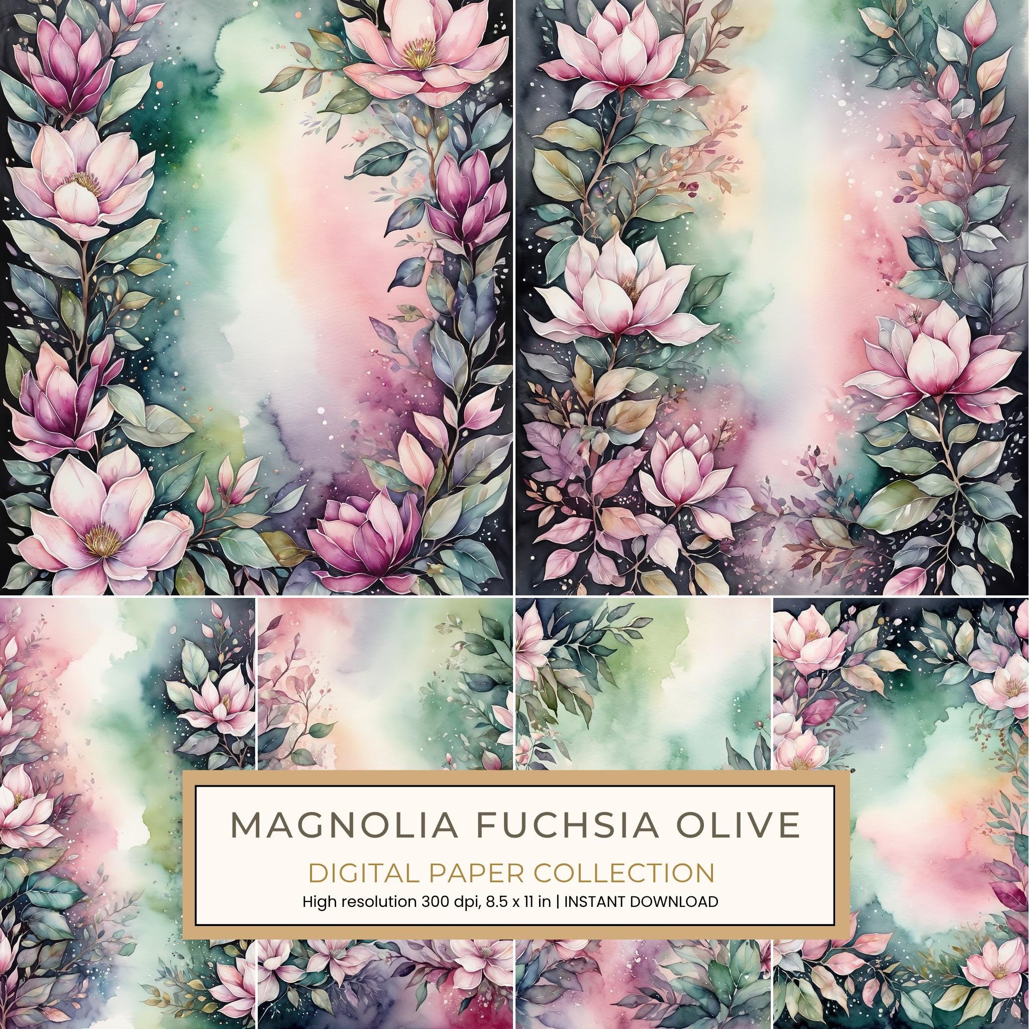 Magnolia Fuchsia Olive Digital Paper: 14 Printable Pages - Watercolor Scrapbook Paper - Commercial Use