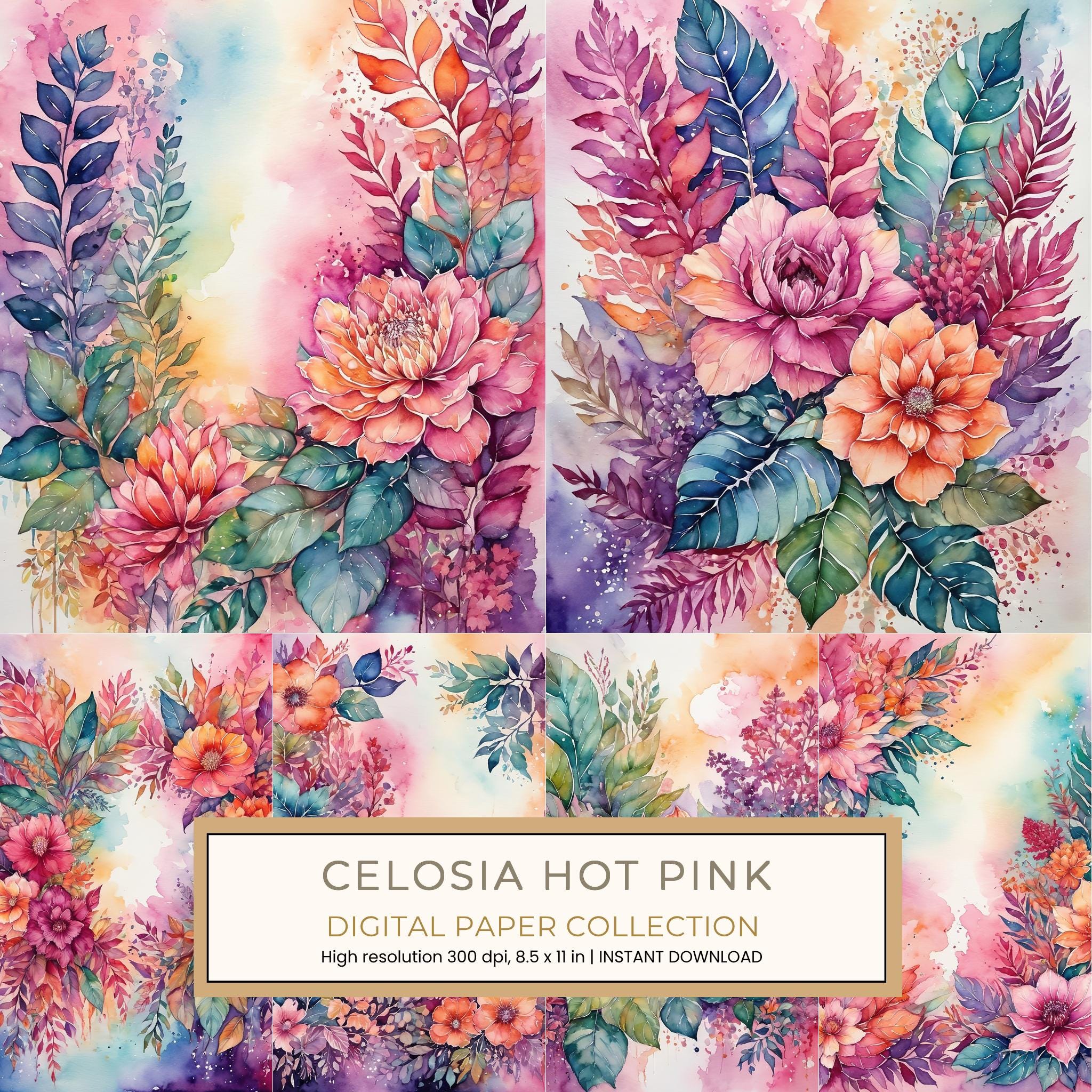 Celosia Hot Pink Digital Paper: 12 Printable Pages - Watercolor Scrapbook Paper - Commercial Use