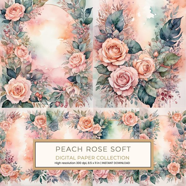 Peach Rose Soft Digital Paper: 14 Printable Pages - Watercolor Scrapbook Paper - Commercial Use