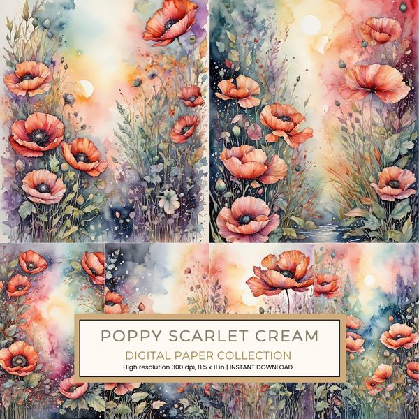 Poppy Scarlet Cream Digital Paper: 10 Printable Pages - Watercolor Scrapbook Paper - Commercial Use