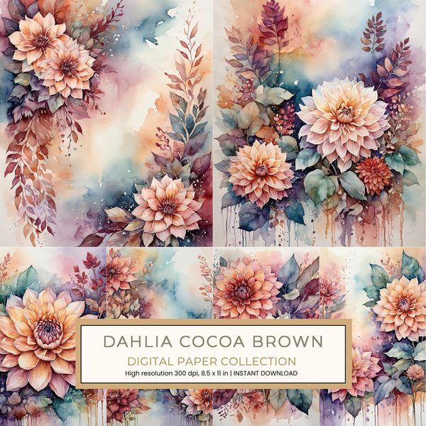 Dahlia Cocoa Brown Digital Paper: 13 Printable Pages - Watercolor Scrapbook Paper - Commercial Use