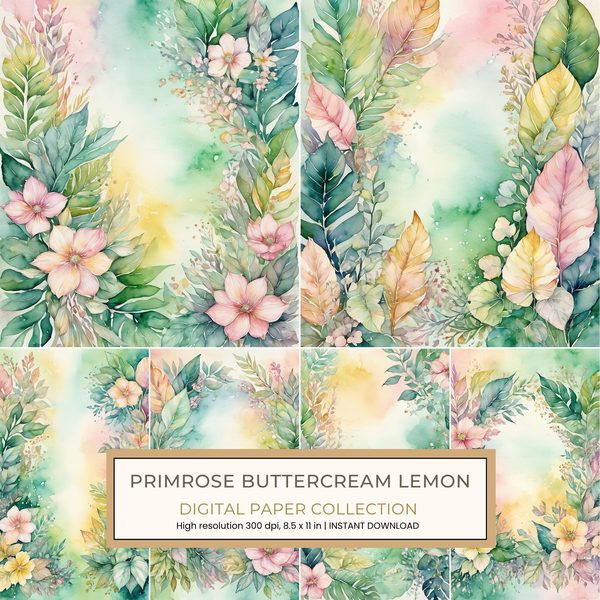 Primrose Buttercream Lemon Digital Paper: 14 Printable Pages - Watercolor Scrapbook Paper - Commercial Use