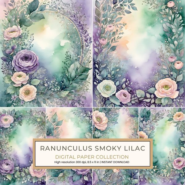Ranunculus Smoky Lilac Digital Paper: 16 Printable Pages - Watercolor Scrapbook Paper - Commercial Use