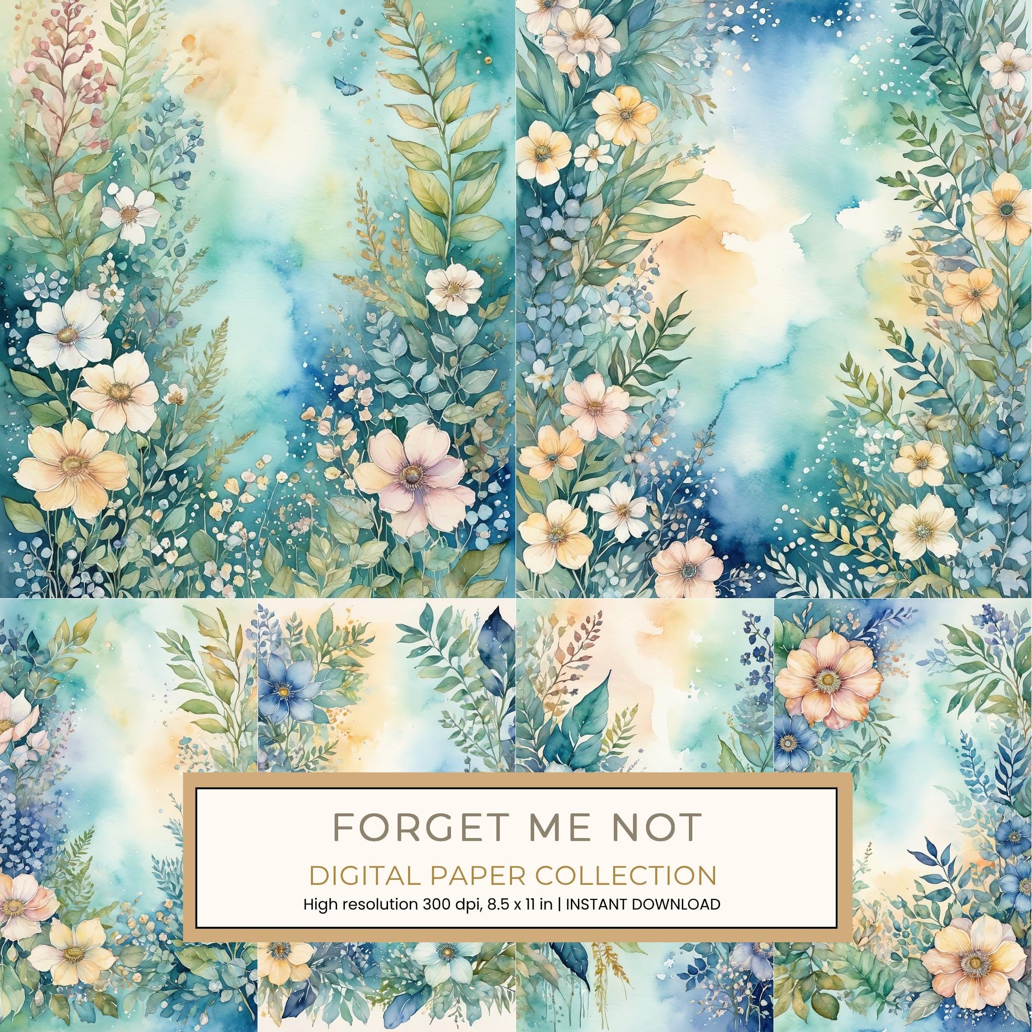Forget Me Not Digital Paper: 14 Printable Pages - Watercolor Scrapbook Paper - Commercial Use