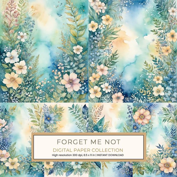 Forget Me Not Digital Paper: 14 Printable Pages - Watercolor Scrapbook Paper - Commercial Use