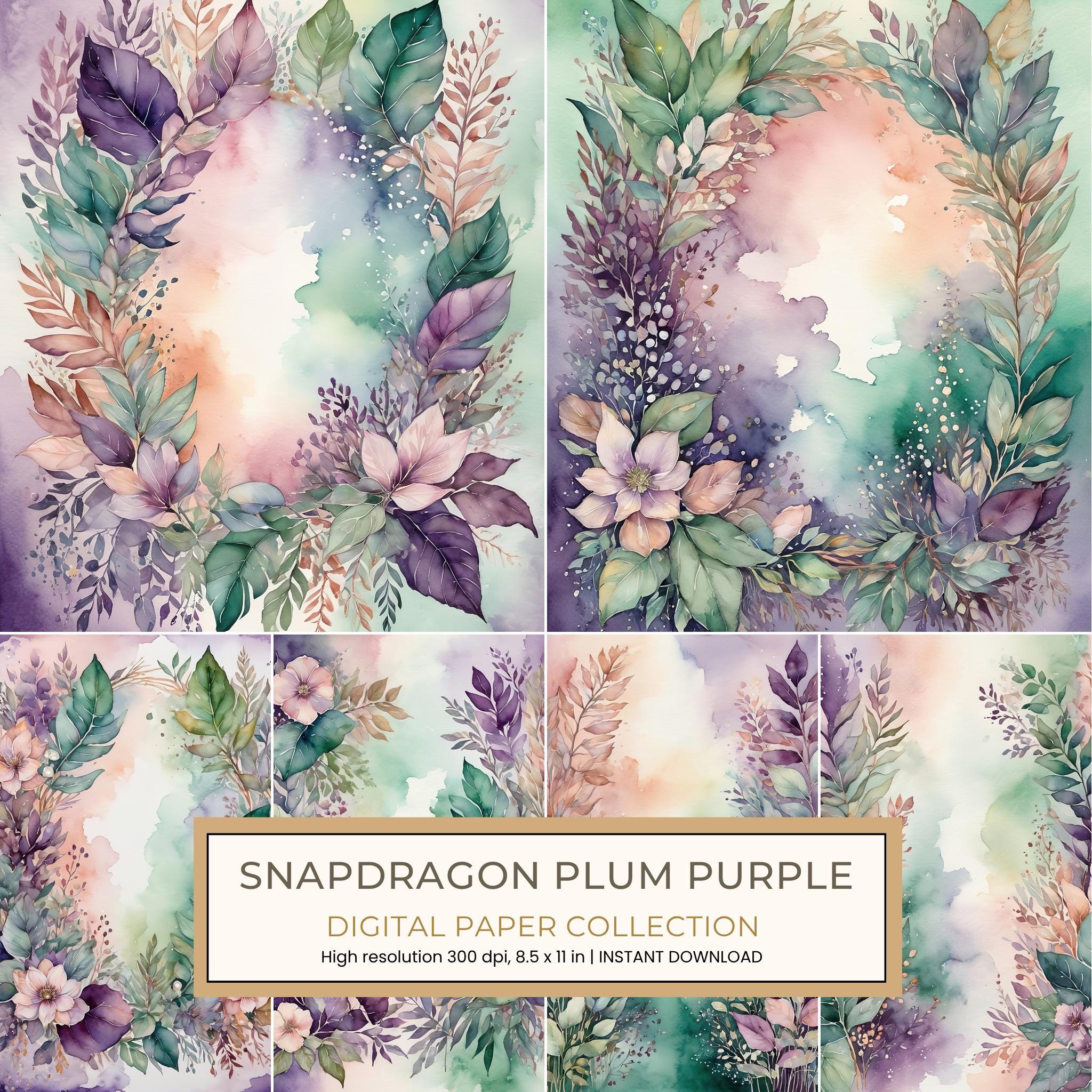 Snapdragon Plum Purple Digital Paper: 14 Printable Pages - Watercolor Scrapbook Paper - Commercial Use