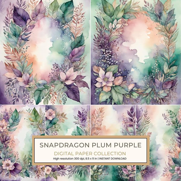 Snapdragon Plum Purple Digital Paper: 14 Printable Pages - Watercolor Scrapbook Paper - Commercial Use
