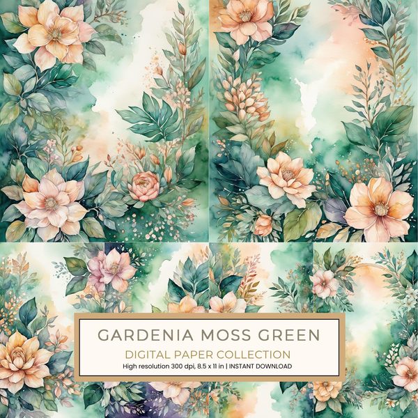 Gardenia Moss Green Digital Paper: 14 Printable Pages - Watercolor Scrapbook Paper - Commercial Use