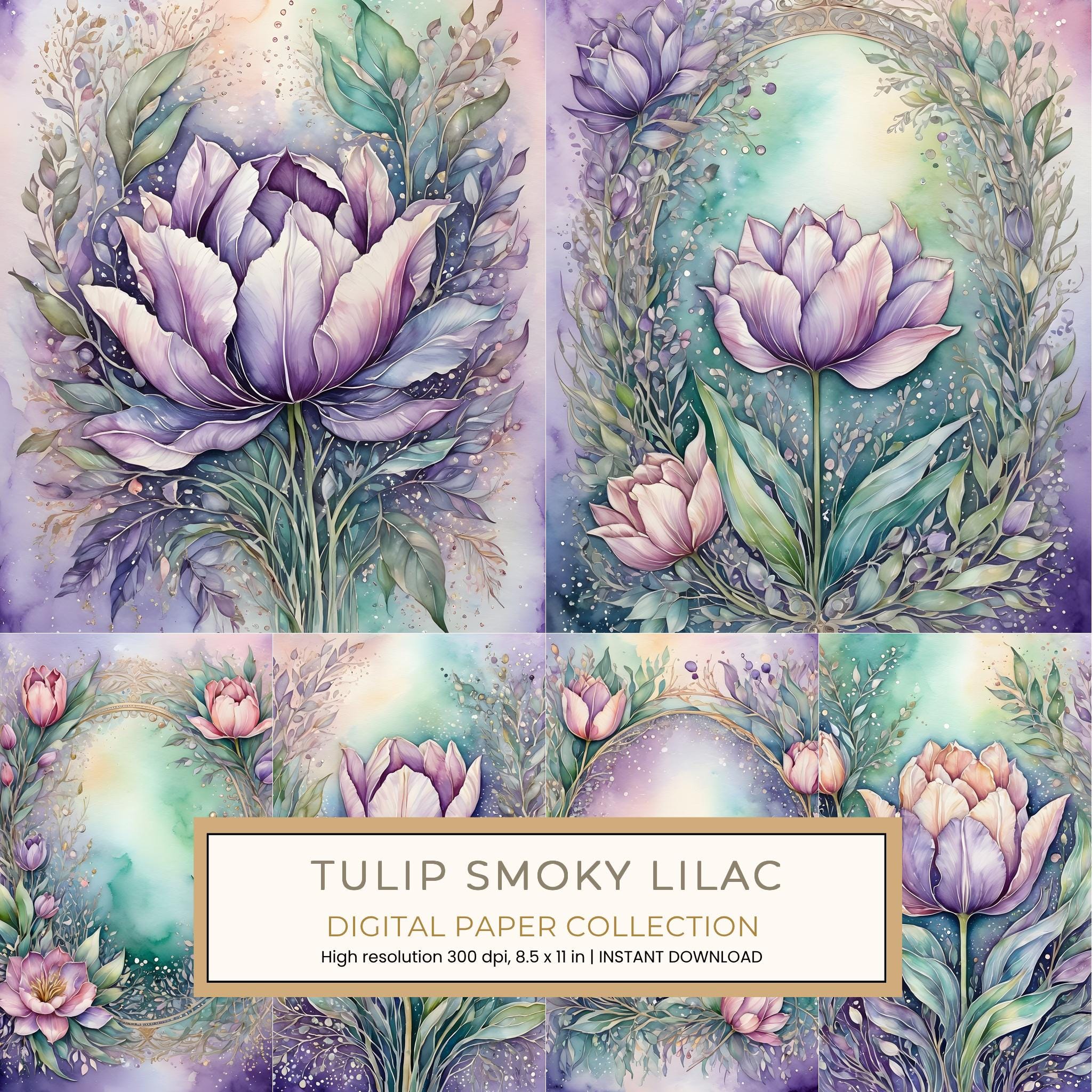 Tulip Smoky Lilac Digital Paper: 16 Printable Pages - Watercolor Scrapbook Paper - Commercial Use