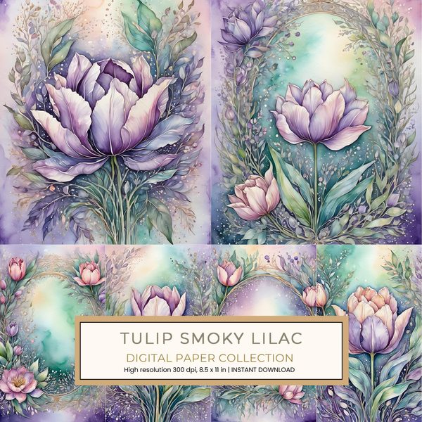 Tulip Smoky Lilac Digital Paper: 16 Printable Pages - Watercolor Scrapbook Paper - Commercial Use