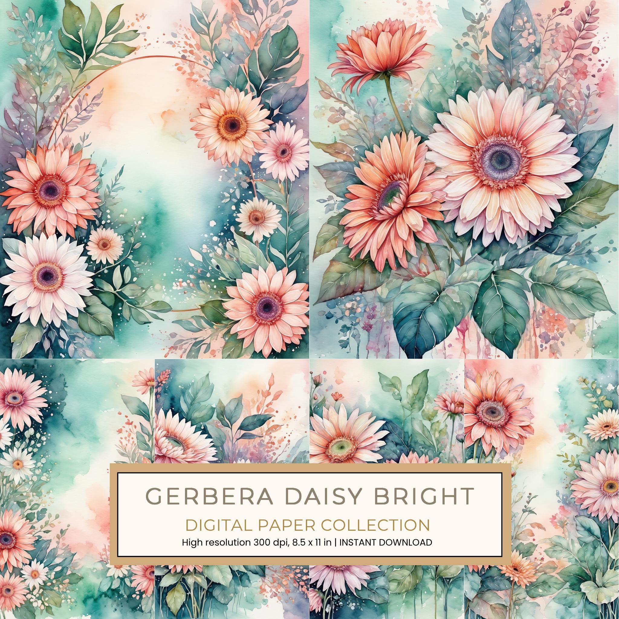 Gerbera Daisy Bright Digital Paper: 14 Printable Pages - Watercolor Scrapbook Paper - Commercial Use