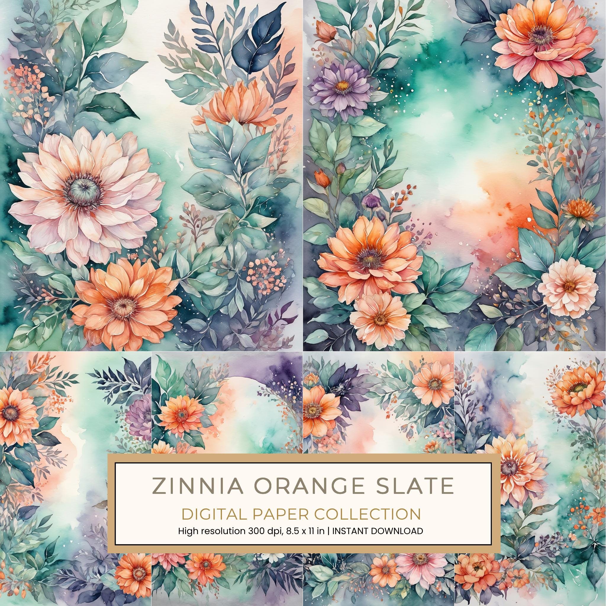Zinnia Orange Slate Digital Paper: 14 Printable Pages - Watercolor Scrapbook Paper - Commercial Use