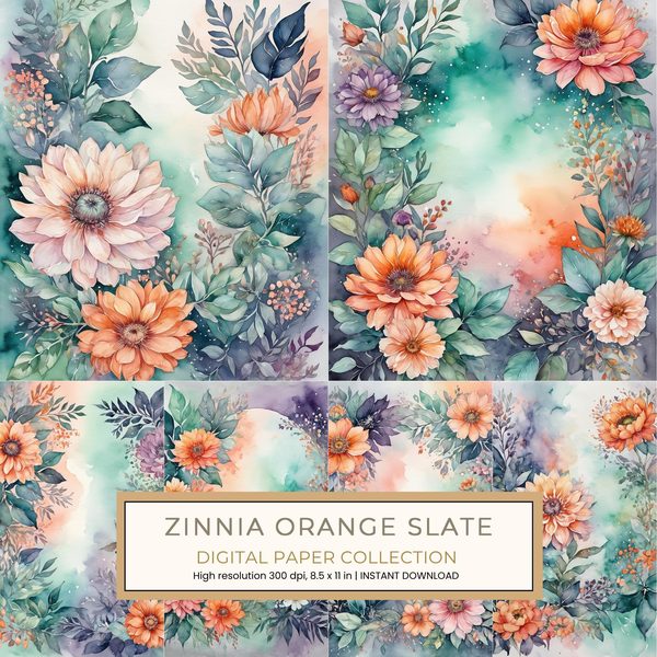 Zinnia Orange Slate Digital Paper: 14 Printable Pages - Watercolor Scrapbook Paper - Commercial Use