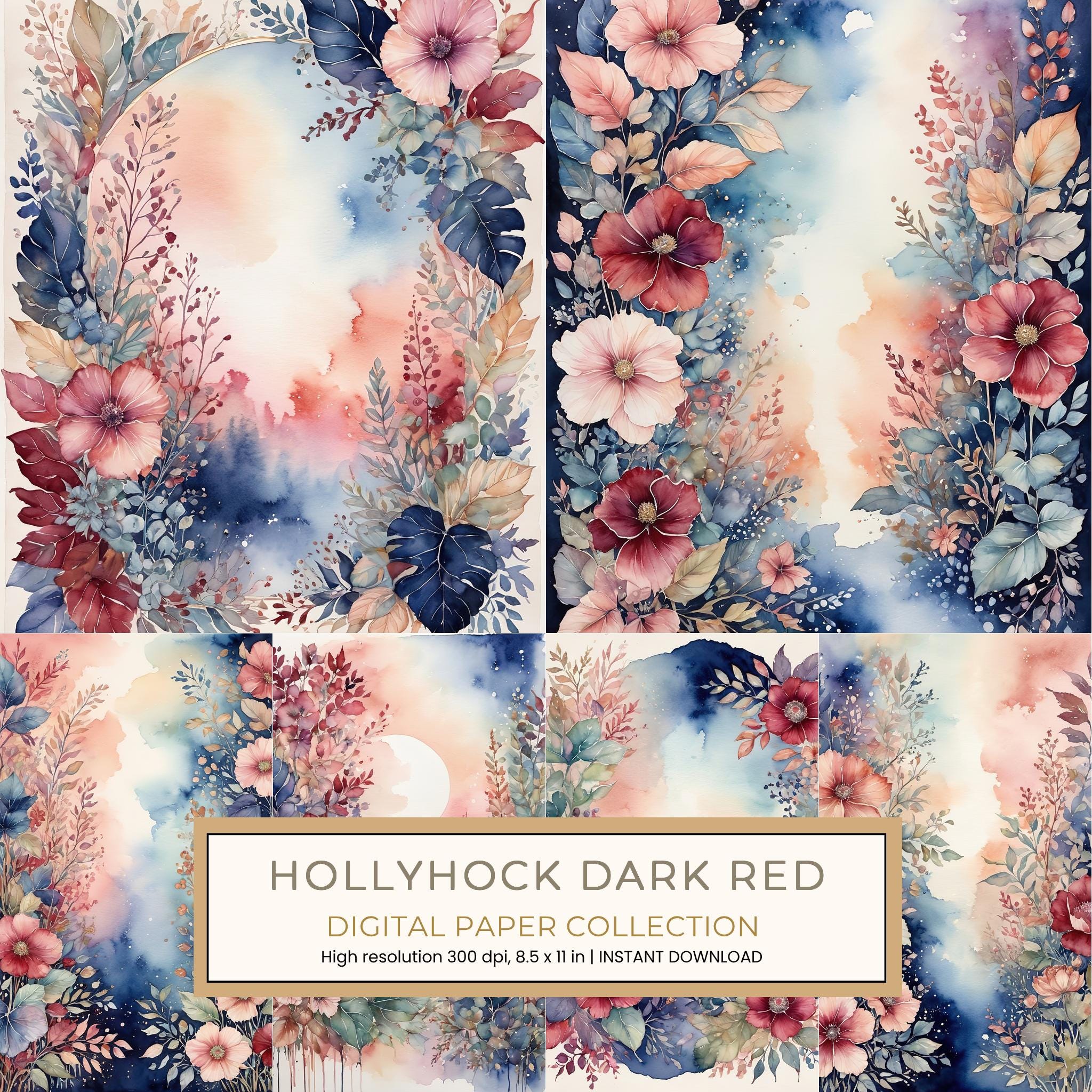 Hollyhock Dark Red Digital Paper: 14 Printable Pages - Watercolor Scrapbook Paper - Commercial Use