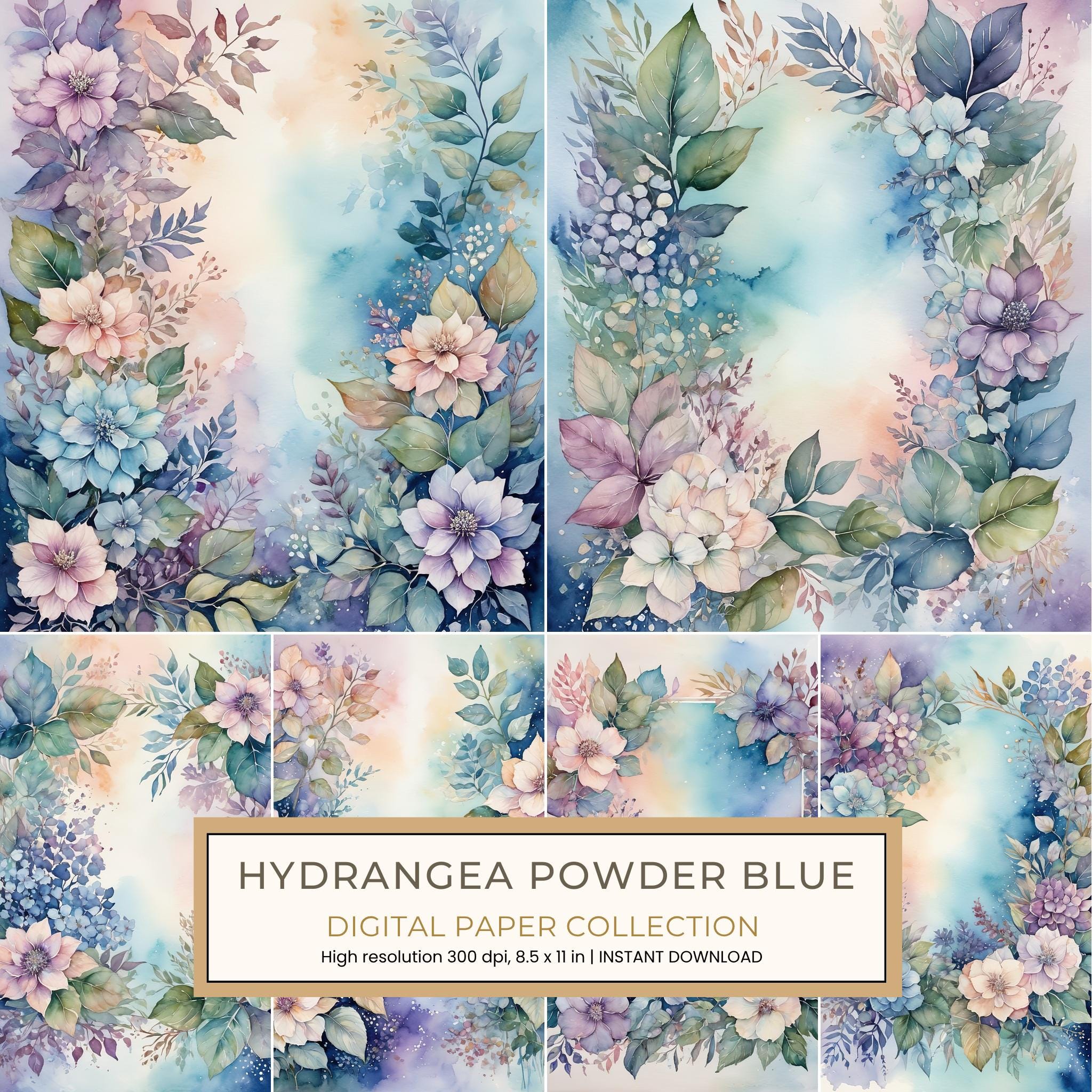 Hydrangea Powder Blue Digital Paper: 14 Printable Pages - Watercolor Scrapbook Paper - Commercial Use