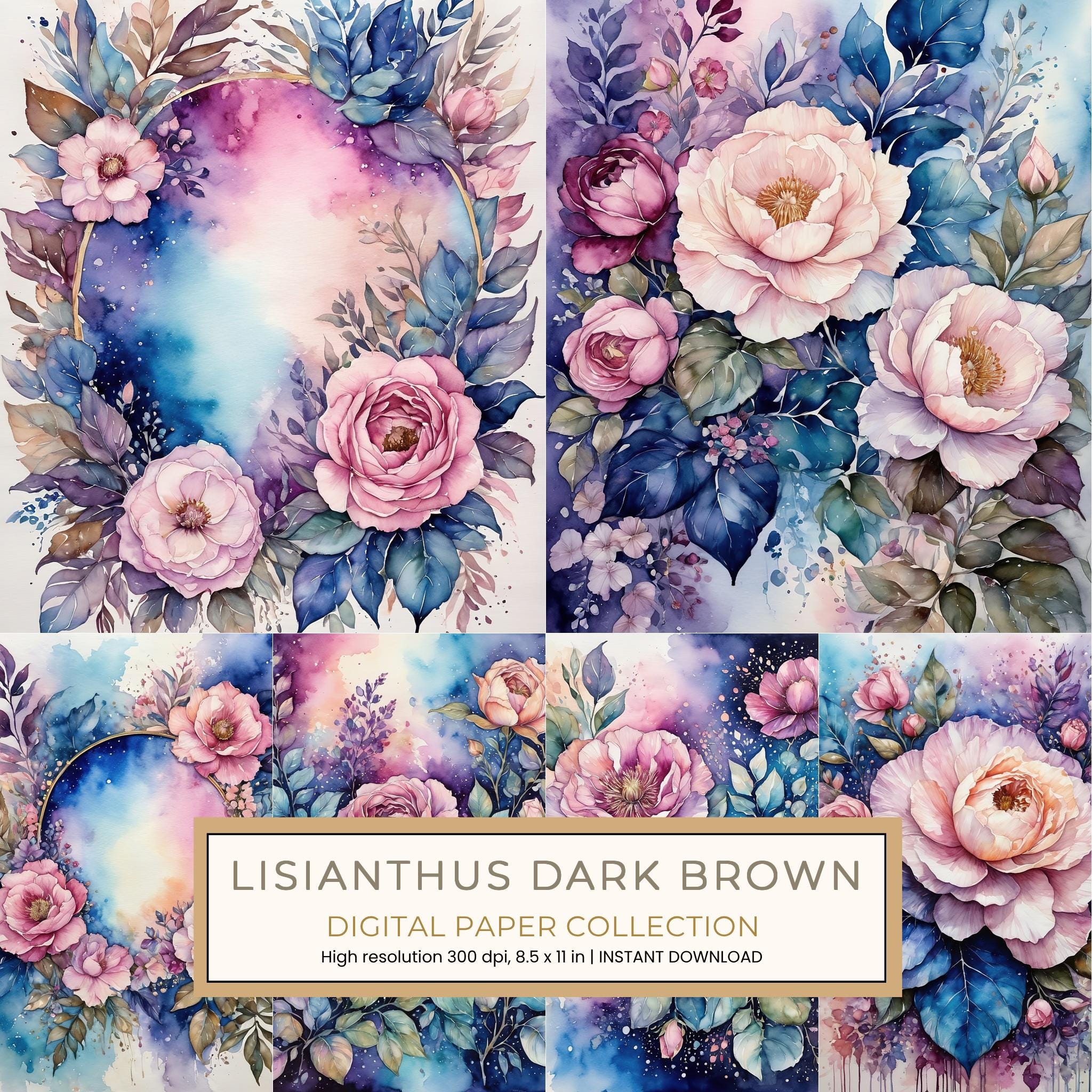 Lisianthus Pink Brown Digital Paper: 11 Printable Pages - Watercolor Scrapbook Paper - Commercial Use