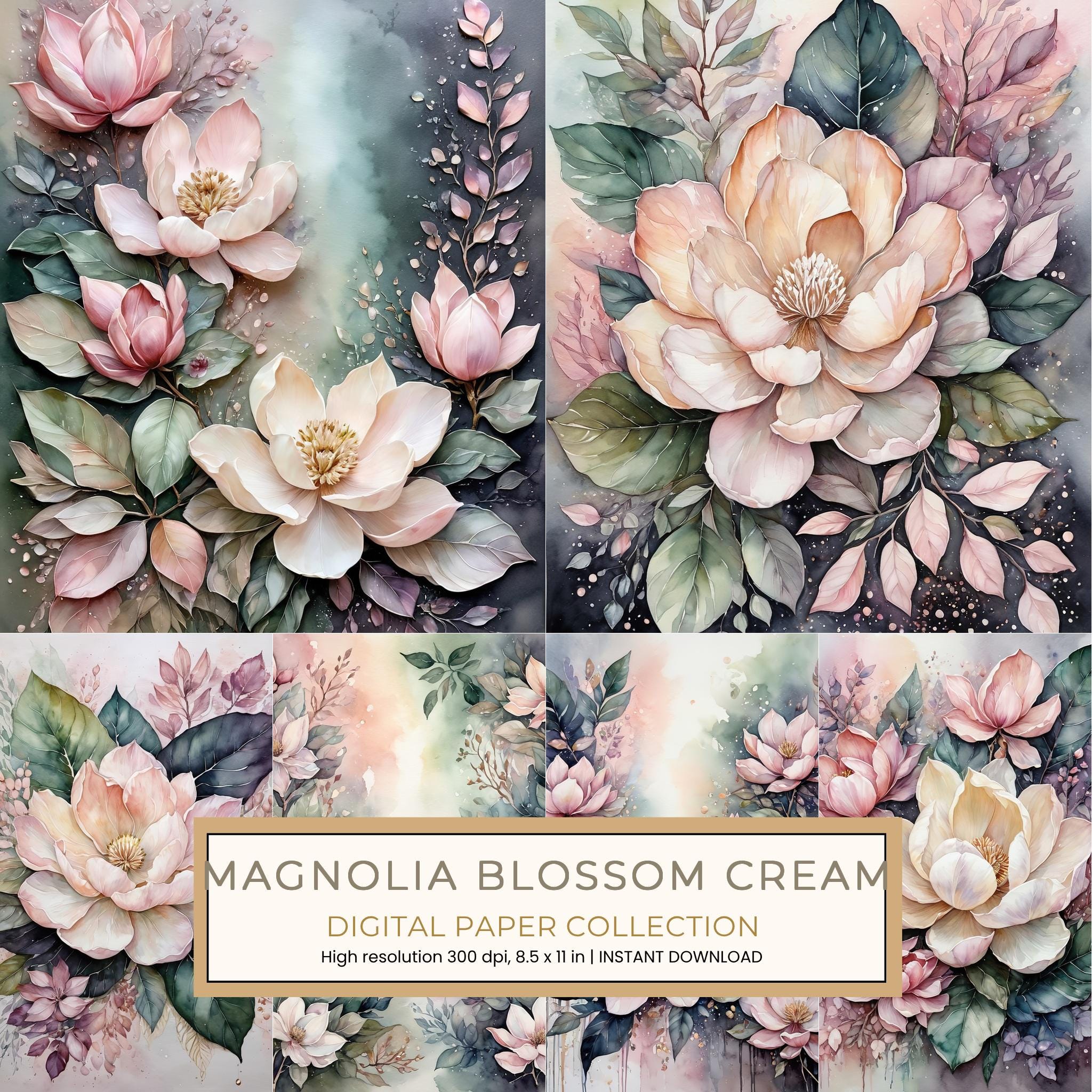 Magnolia Blossom Cream Digital Paper: 12 Printable Pages - Watercolor Scrapbook Paper - Commercial Use