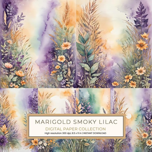 Marigold Smoky Lilac Digital Paper: 14 Printable Pages - Watercolor Scrapbook Paper - Commercial Use