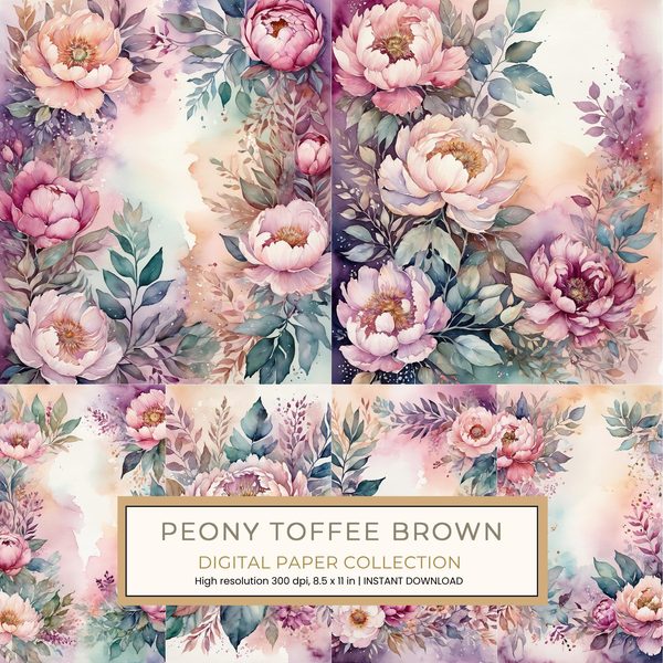 Peony Toffee Brown Digital Paper: 13 Printable Pages - Watercolor Scrapbook Paper - Commercial Use