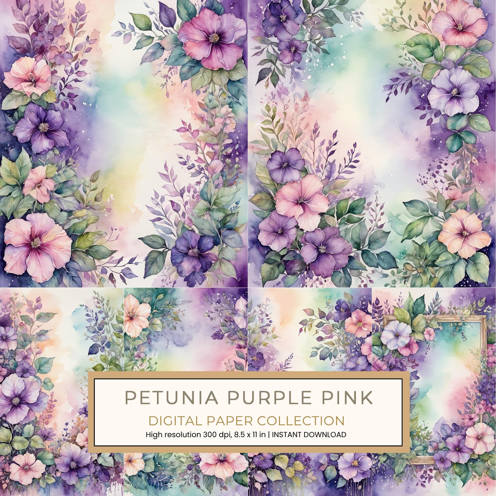Petunia Purple Pink Digital Paper: 14 Printable Pages - Watercolor Scrapbook Paper - Commercial Use