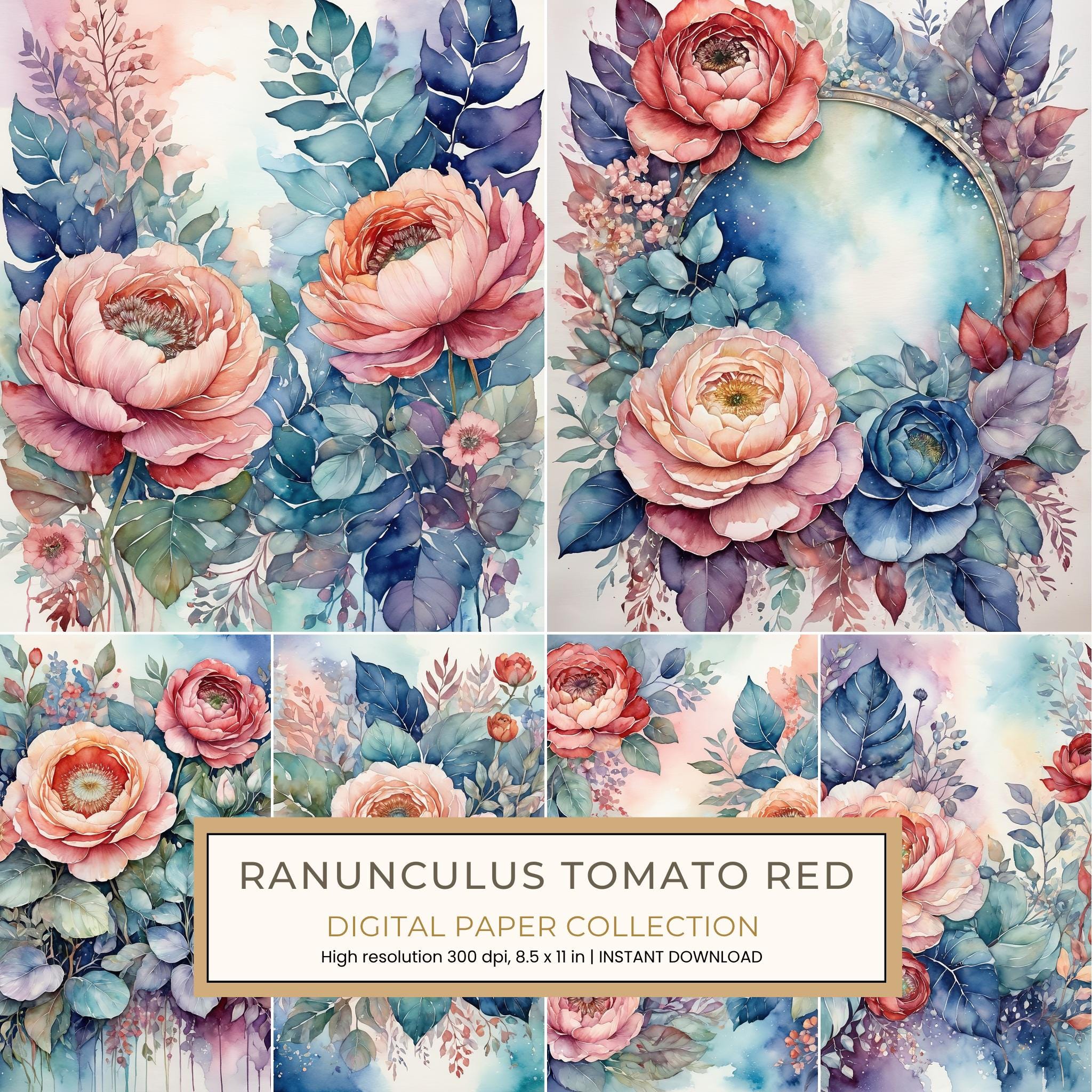 Ranunculus Tomato Red Digital Paper: 14 Printable Pages - Watercolor Scrapbook Paper - Commercial Use