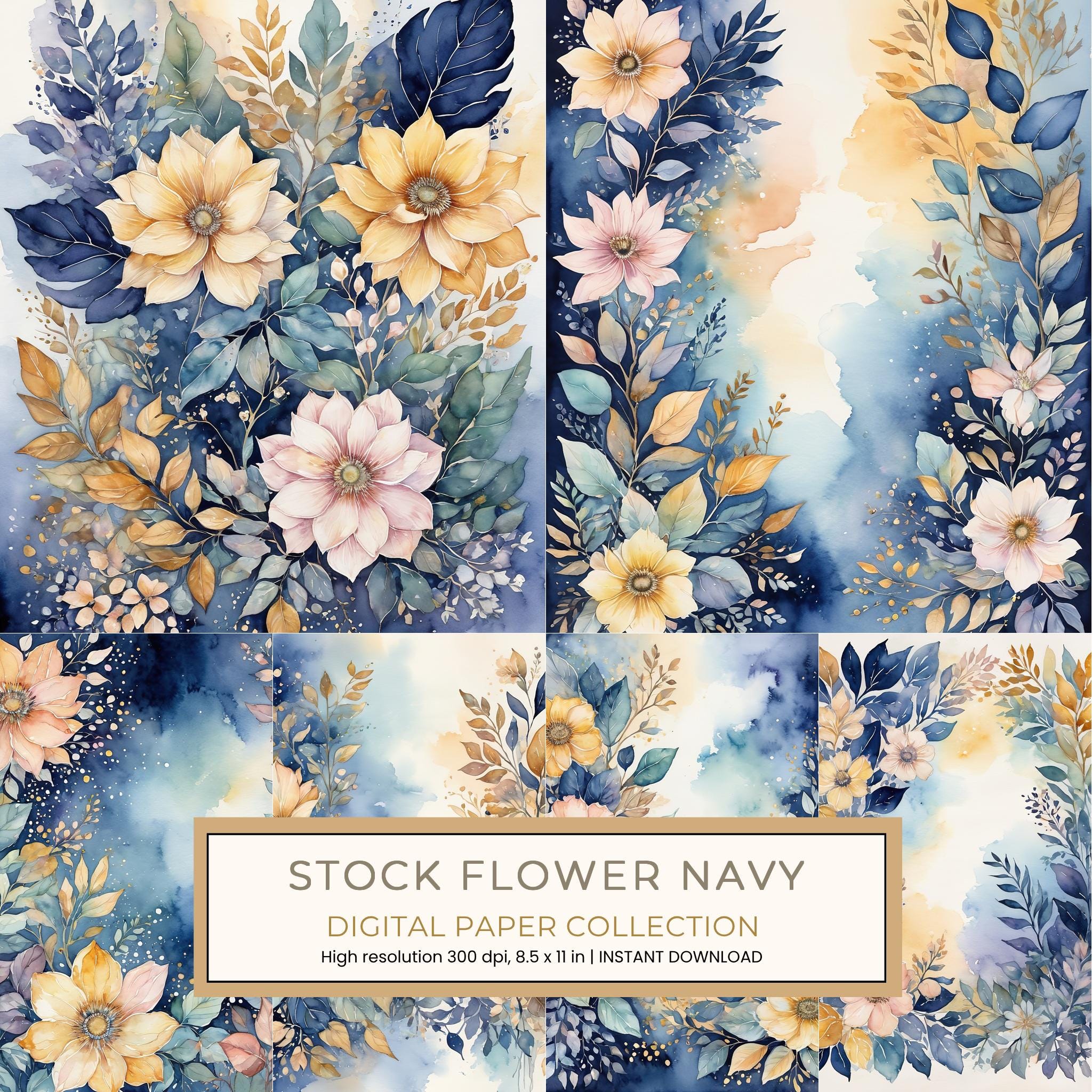 Stock Flower Navy Blue Digital Paper: 14 Printable Pages - Watercolor Floral Art - Commercial Use