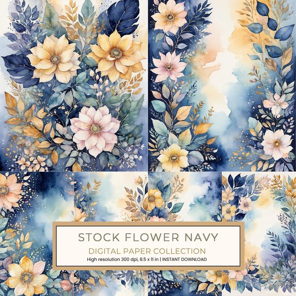 Stock Flower Navy Blue Digital Paper: 14 Printable Pages - Watercolor Floral Art - Commercial Use