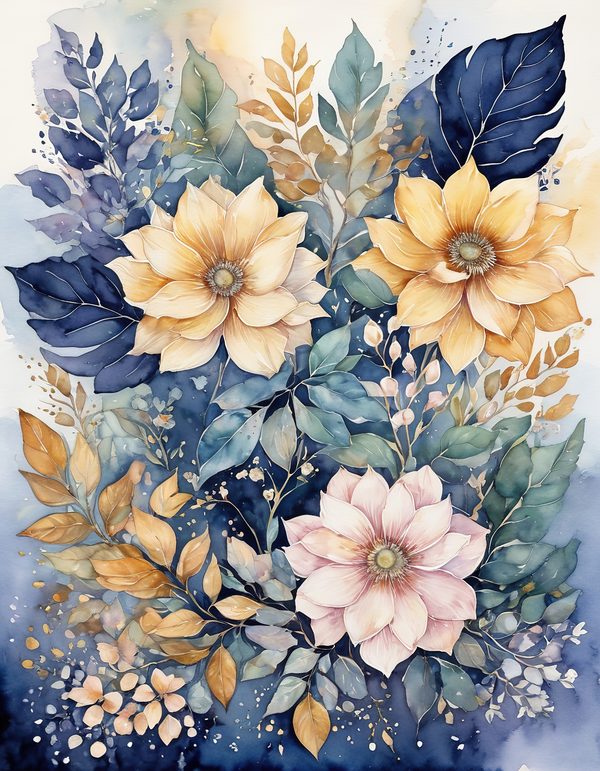 Stock Flower Navy Blue Digital Paper: 14 Printable Pages - Watercolor Floral Art - Commercial Use — image 1