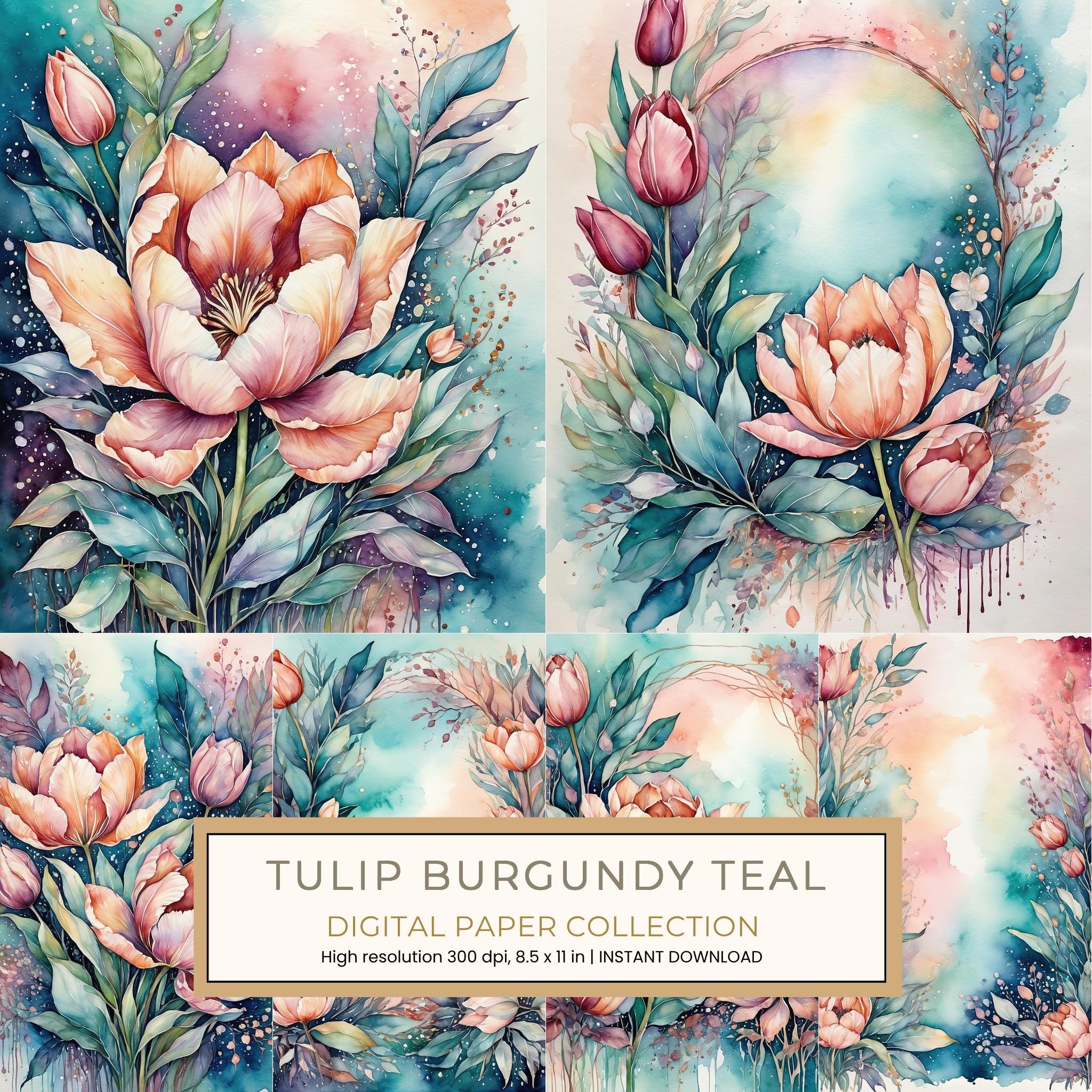 Tulip Burgundy Teal Digital Paper: 13 Printable Pages - Watercolor Scrapbook Paper - Commercial Use