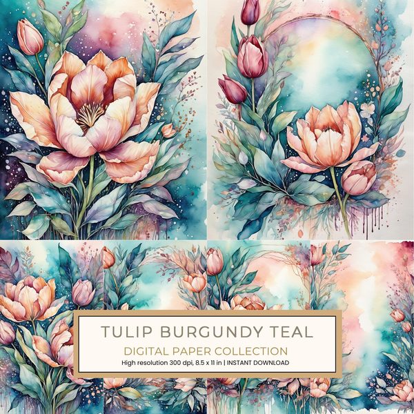 Tulip Burgundy Teal Digital Paper: 13 Printable Pages - Watercolor Scrapbook Paper - Commercial Use