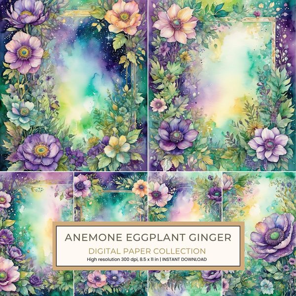 Anemone Eggplant Ginger Digital Paper: 14 Printable Pages - Watercolor Scrapbook Paper - Commercial Use