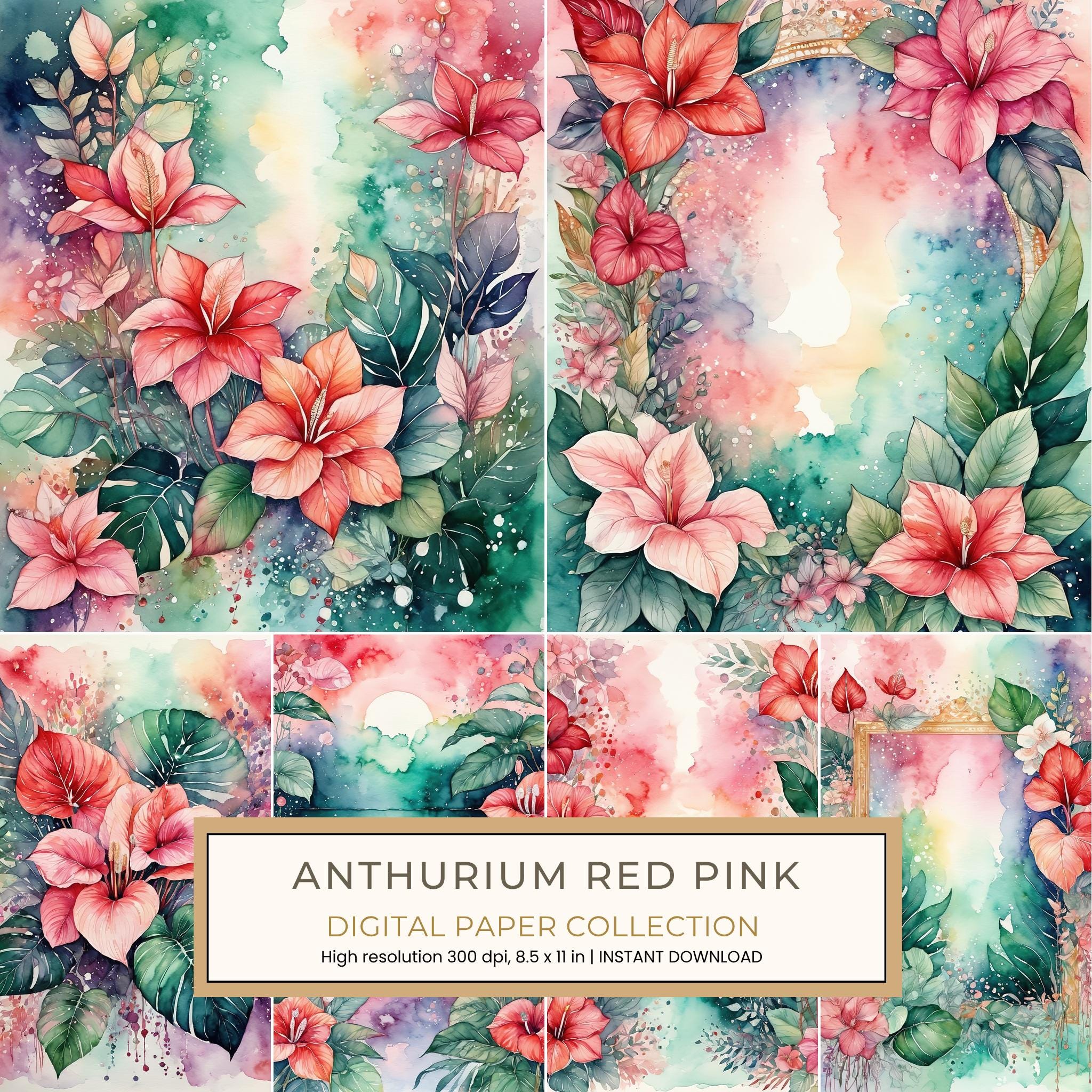 Anthurium Red Pink Digital Paper: 14 Printable Pages - Watercolor Scrapbook Paper - Commercial Use