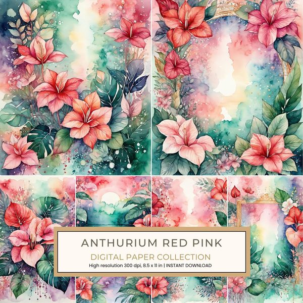 Anthurium Red Pink Digital Paper: 14 Printable Pages - Watercolor Scrapbook Paper - Commercial Use
