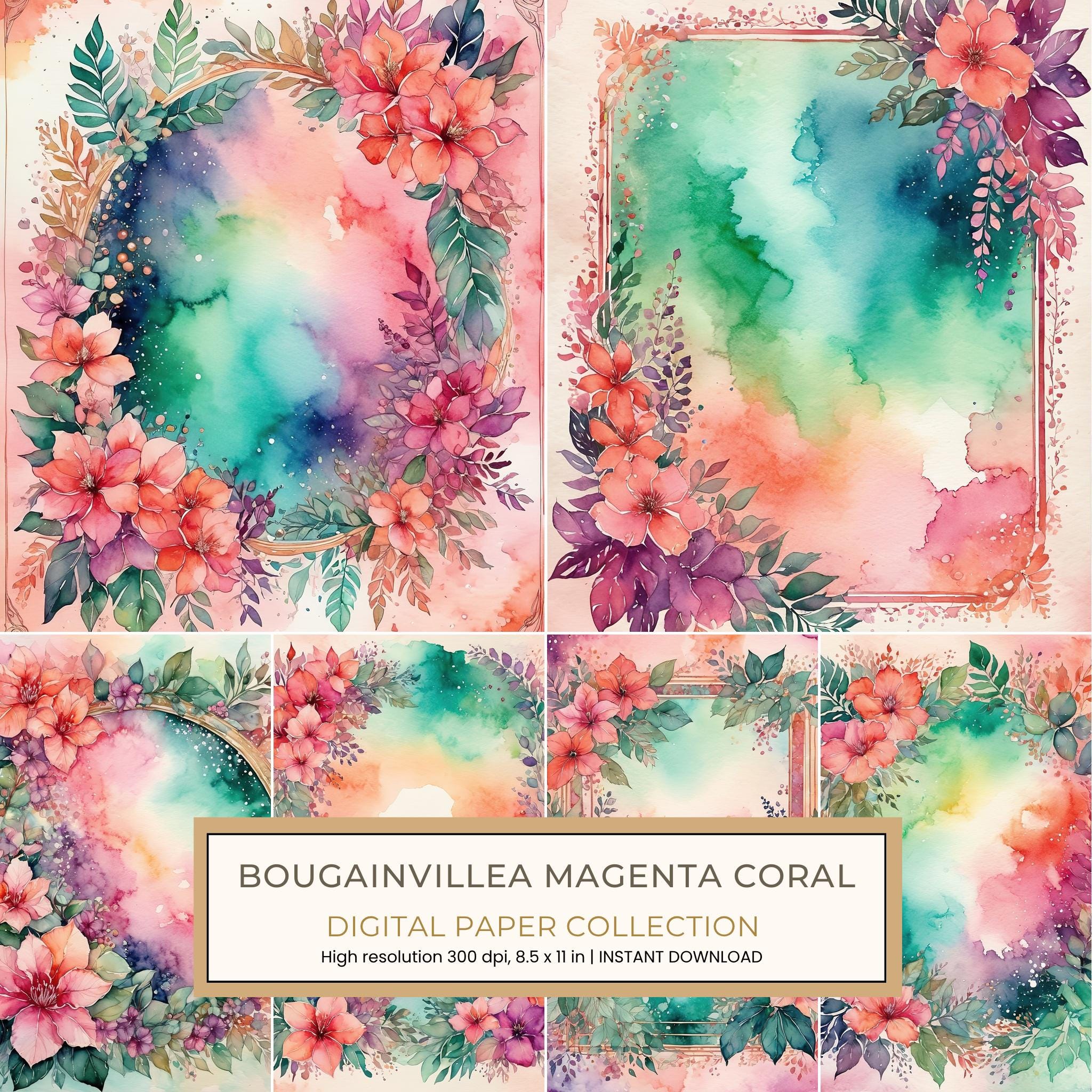 Bougainvillea Magenta Coral Digital Paper: 12 Printable Pages - Watercolor Scrapbook Paper - Commercial Use