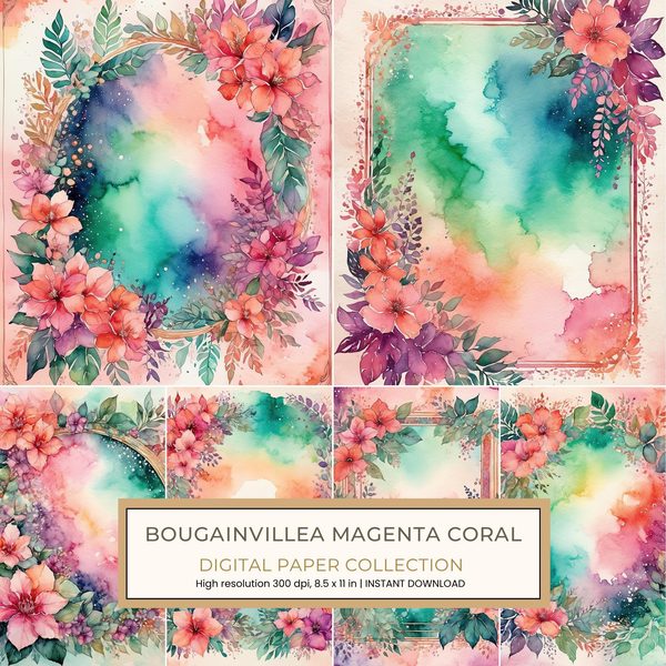 Bougainvillea Magenta Coral Digital Paper: 12 Printable Pages - Watercolor Scrapbook Paper - Commercial Use