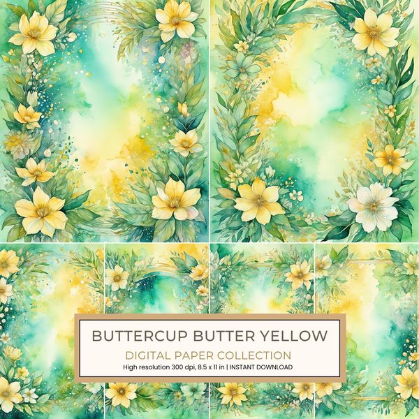 Buttercup Butter Yellow Digital Paper: 14 Printable Pages - Watercolor Scrapbook Paper - Commercial Use