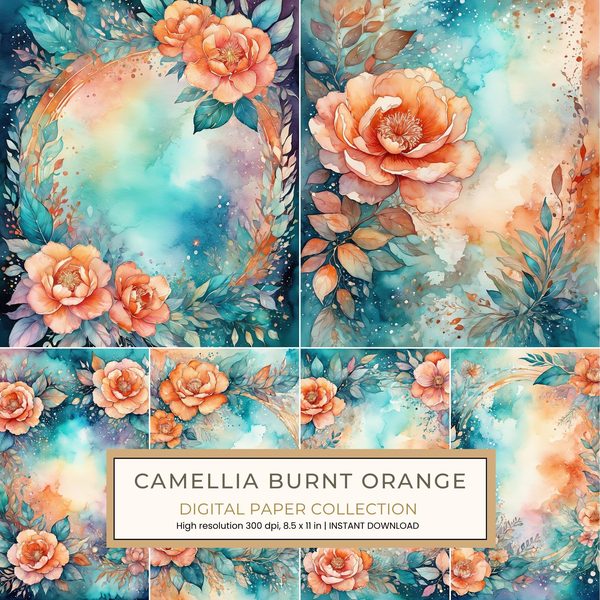 Camellia Burnt Orange Digital Paper: 14 Printable Pages - Watercolor Scrapbook Paper - Commercial Use