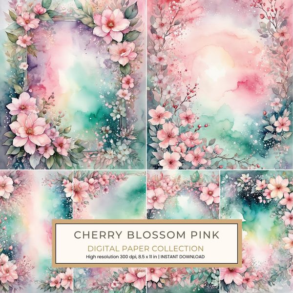 Cherry Blossom Pink Digital Paper: 12 Printable Pages - Watercolor Scrapbook Paper - Commercial Use
