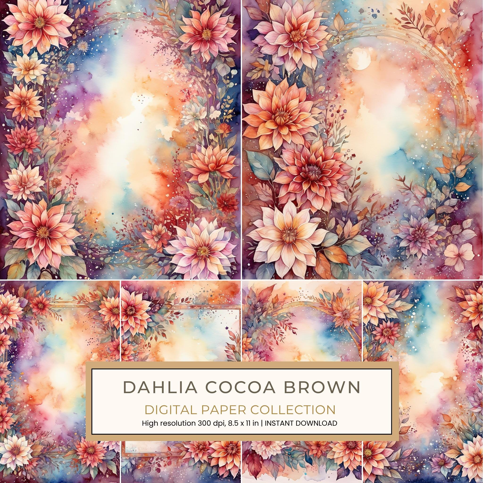 Dahlia Cocoa Brown Digital Paper: 14 Printable Pages - Watercolor Scrapbook Paper - Commercial Use